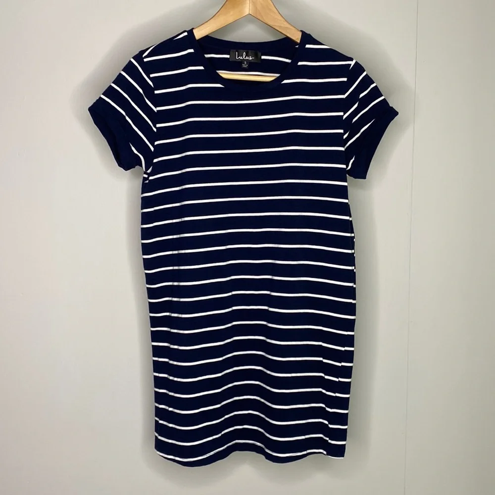 Lulu’s Cafe Society Navy Blue Striped Shirt Dress - Picture 3 of 10
